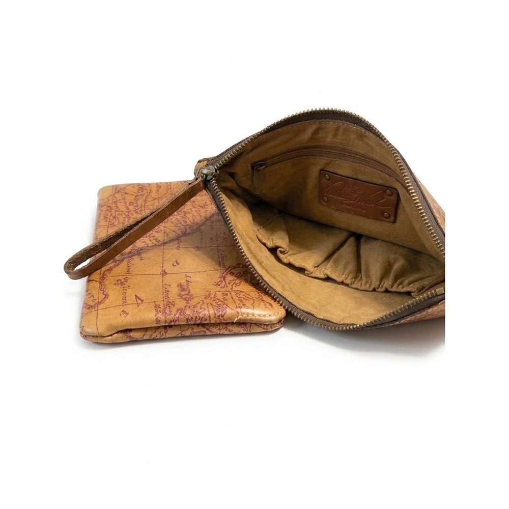 Patricia Nash Vintage Map Print Leather Wristlet Pouch Tan Brown Antique Brass